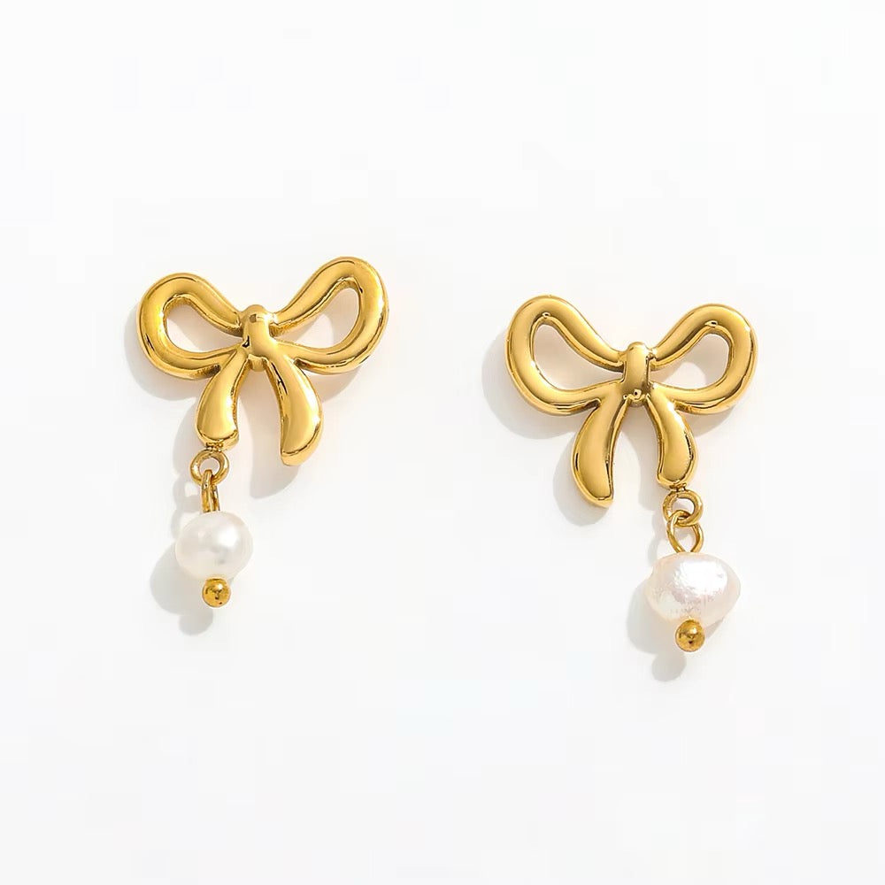 Waterproof Bow Ear Studs with Pearl Gold-Plated Steel 