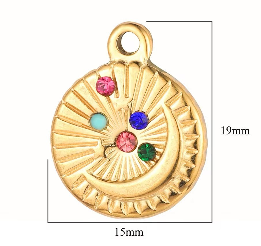 Waterproof Pendant with Color Mixed Zirconia Stones, 18K Gold Plated Steel, 19x15 mm 