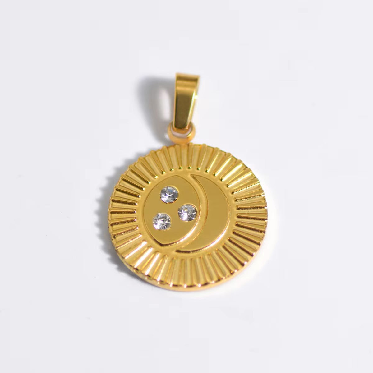 Waterproof Pendant with Moon and Clear Zirconia Stones, 18K Gold-Plated Steel 