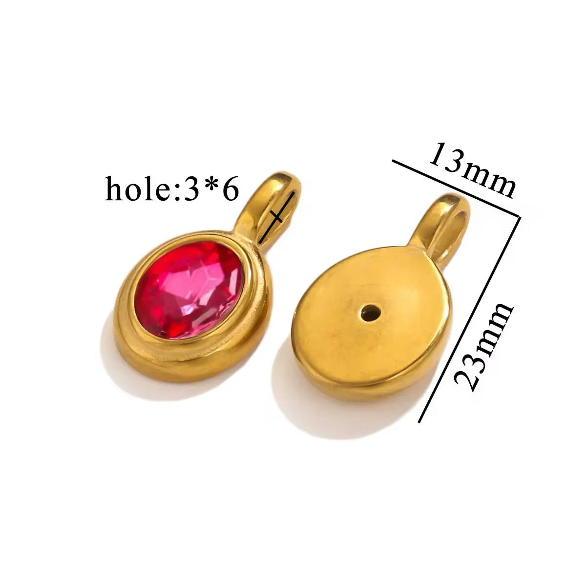 Waterproof Pendant with Faceted Glass, Oval, 18K Gold-Plated Steel, 13x23mm 