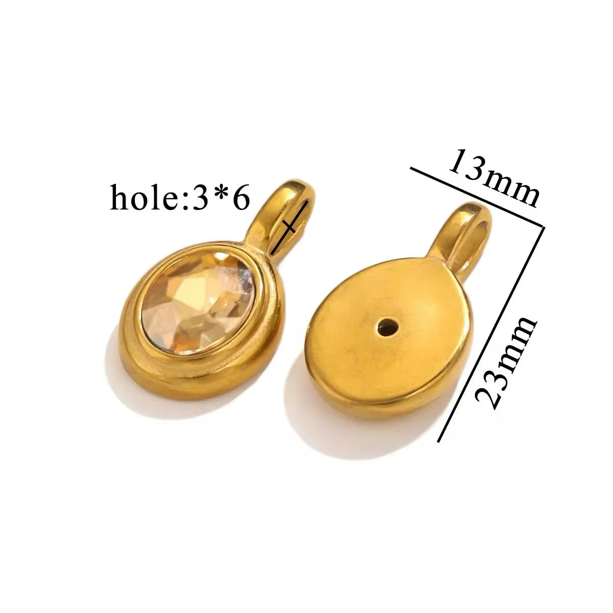 Waterproof Pendant with Faceted Glass, Oval, 18K Gold-Plated Steel, 13x23mm 