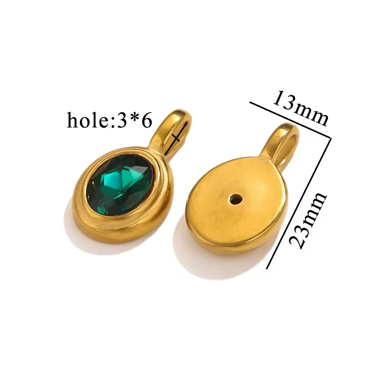 Waterproof Pendant with Faceted Glass, Oval, 18K Gold-Plated Steel, 13x23mm 