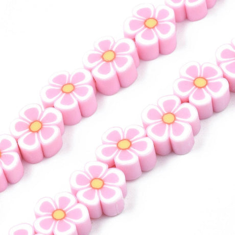 Heishi perler Fimo blomster, rosa str. 10x7 mm