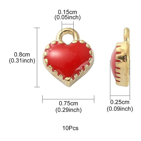 vedhæng Hjerte Vedhæng Med Rød Emalje, 8x7,5x2,5mm, 10 Stk